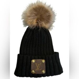 Spark*l - BLACK POMPOM BEANIE WITH UPCYCLED LV MONOGRAM PATCH